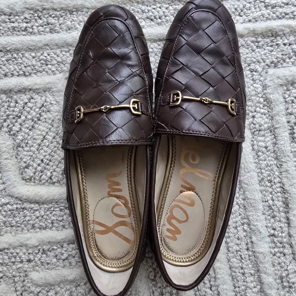 Sam Edelman Loraine Woven Dark Brown Loafers with Gold Bit Detail